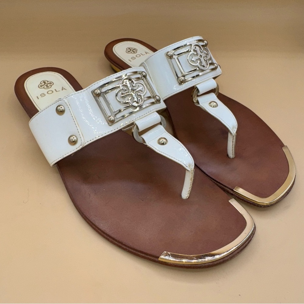 Isola‎ Alary Women's Cream with Goldtone Logo Flip Flop Sandals, Size 10, GUC